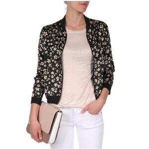 Majestic Filatures SILK LINEN Floral Bomber Jacket Black Cream Luxury MEDIUM